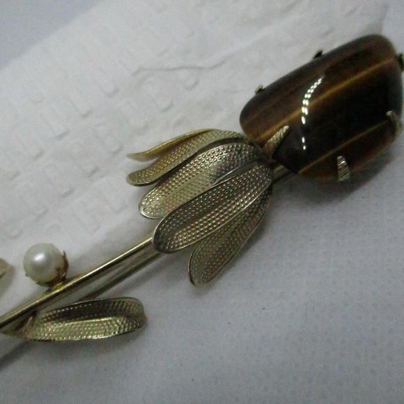 TIGER EYE Genuine PEARL Gold Tone Flower Brooch - Picture 5 of 8